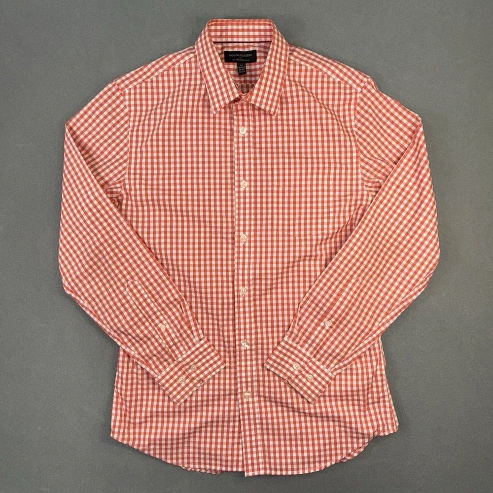 Men's Banana Republic Tailored Slim Fit Plaid Button Up Shirt Red Size M 15/33